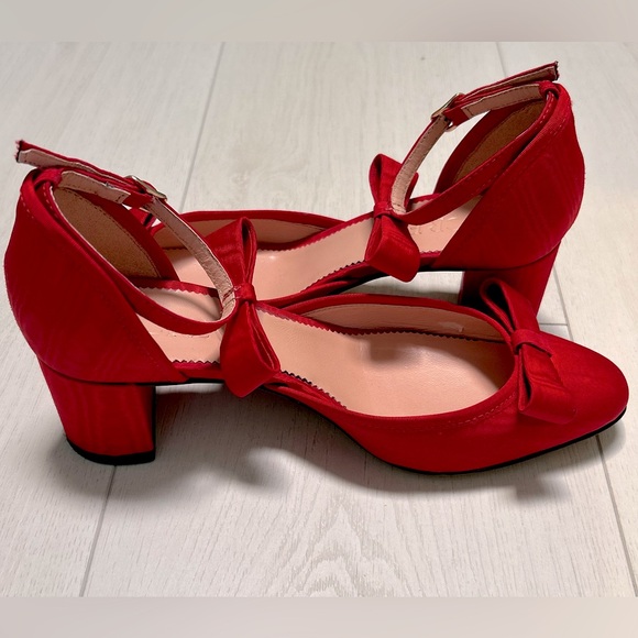 J.Crew-Millie bow ankle-strap heels moiré. Festival Red, Size 5M - Picture 5 of 11